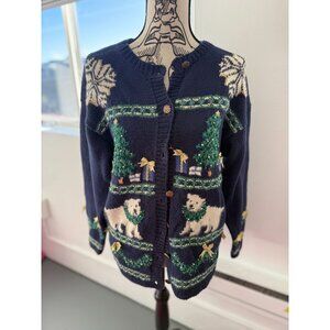 VTG 90s Blue Holiday with Presents, Christmas Tree, Polar Bears, Greenery Button